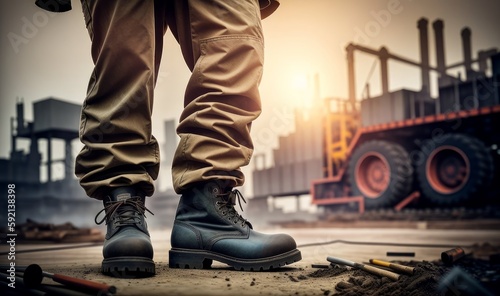A construction labor worker in fully coverall uniform and safety shoe is standing on background of construction site, Generative AI