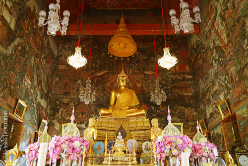 Photography Beautiful Main Buddha Image with Amazing Murals Inside the Ordination Hall of Wa