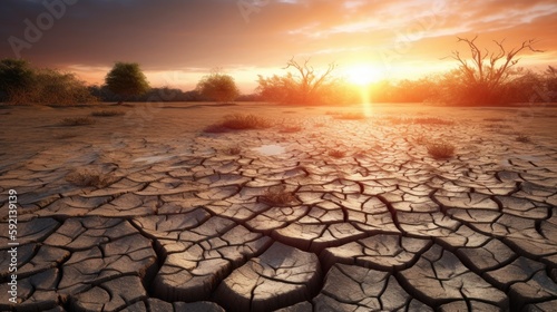 Land with dry and cracked ground. Desert,Global warming background.Conceptual image of climate change. Generative Ai.