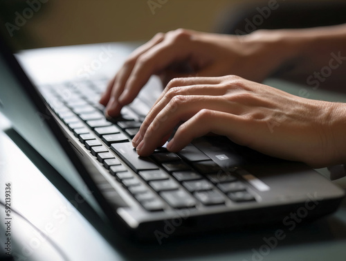 A close-up shot of a person's hands typing on a laptop keyboard.
