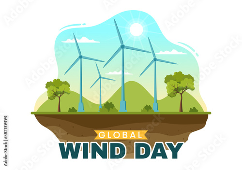 Global Wind Day Vector Illustration on June 15 with Earth Globe and Winds Turbines on Blue Sky in Flat Cartoon Hand Drawn Landing Page Templates
