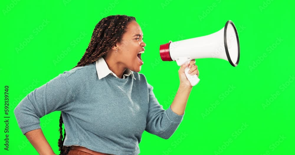 Protest, shouting and woman with a megaphone by green screen for a human rights movement. Scream, political and African female model with a bullhorn for activism march by chroma key studio background Protest, shouting and woman with a megaphone by green screen for a human rights movement. Scream, political and African female model with a bullhorn for activism march by chroma key studio background