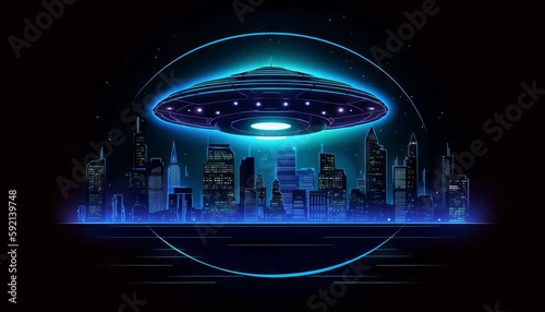 image of an illuminated UFO spaceship hovering over a dark city skyline, with a blue light portal open beneath it. Generative ai