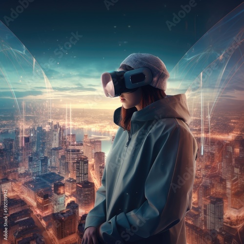 Young woman wearing virtual reality device over cityscape background. Woman is using virtual reality headset. Concept of virtual reality, simulation, gaming and future technology. Generative Ai.