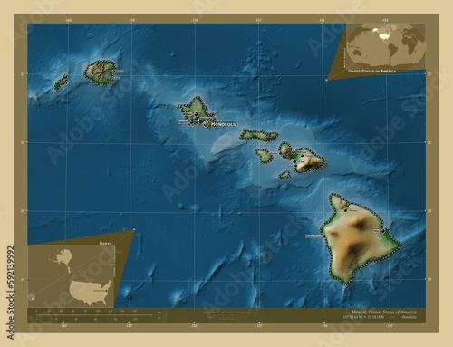 Hawaii, United States of America. Physical. Labelled points of cities photo