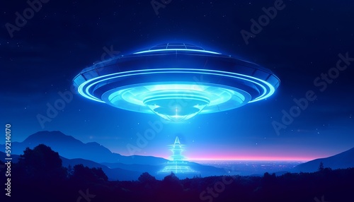 image of an illuminated UFO spaceship emerging from a portal in the sky, as a blue light envelops the surrounding area. Generative ai