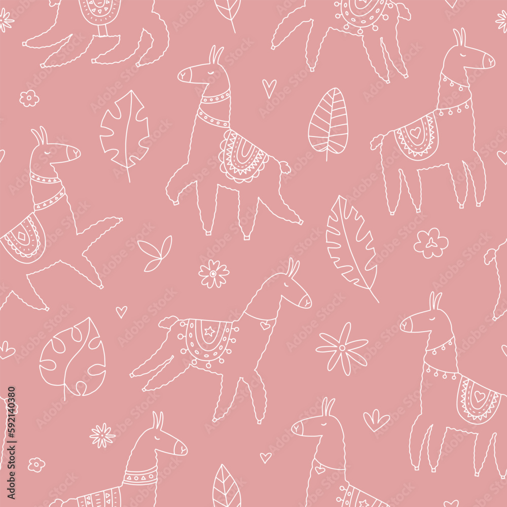 Seamless pattern with cute llamas in doodle style. Lovely vector illustration, background design, suitable for textiles, wrapping paper, packaging for kids and adults. Seamless pattern with cute llamas in doodle style. Lovely vector illustration, background design, suitable for textiles, wrapping paper, packaging for kids and adults.