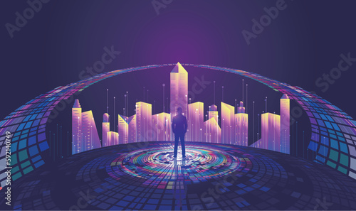 Merchants stand on a square wheel facing the future city skyline