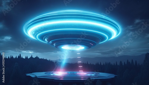 image of an illuminated UFO spaceship emerging from a portal in the sky, as a blue light envelops the surrounding area. Generative ai © Nob