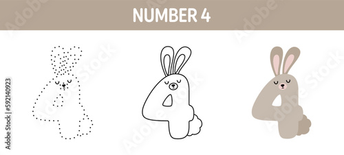 Number 4 tracing and coloring worksheet for kids