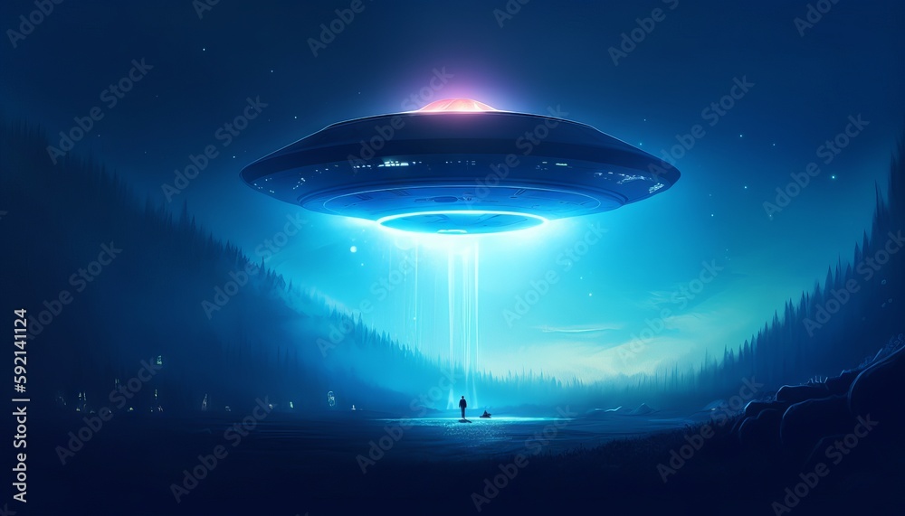 image of an illuminated UFO spaceship emerging from a portal in the sky, as a blue light envelops the surrounding area. Generative ai image of an illuminated UFO spaceship emerging from a portal in the sky, as a blue light envelops the surrounding area. Generative ai