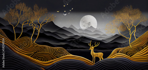 3d modern art mural wallpaper, night landscape with dark mountains, gray background with stars deer, black trees and golden waves, Generative AI photo
