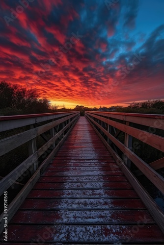 Wooden plank walkway leading to a beautiful sunset on the lake. Generative Ai.