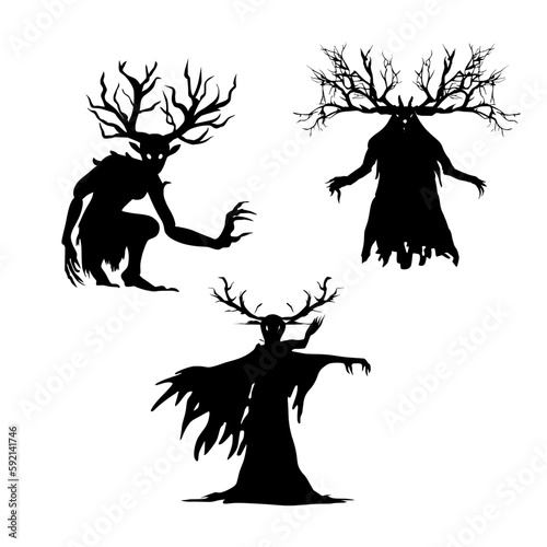 Black silhouette of a forest fairy. A black and white icon of a forest spirit. Flat logo of a tree ghost isolated on white background.