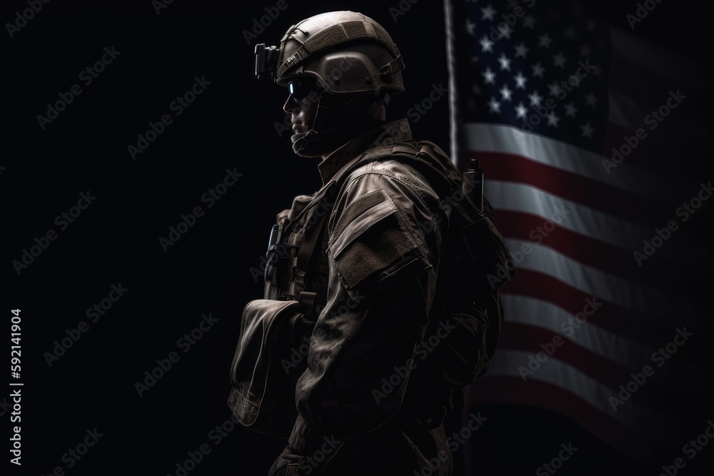 4th of July concep. portrait of A soldier in front of a flag of the USA. The soldier with the gun in front of a flag. portrait soldie standing in front of usa flag. Non-existent person. Generative Ai