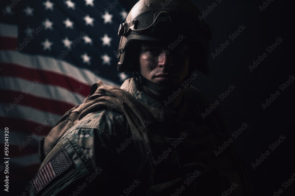 4th of July concep. portrait of A soldier in front of a flag of the USA. The soldier with the gun in front of a flag. portrait soldie standing in front of usa flag. Non-existent person. Generative Ai