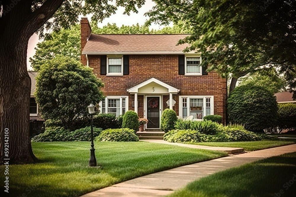 A Cozy Brick House on a Serene Tree-Lined Street 1. Generative AI A Cozy Brick House on a Serene Tree-Lined Street 1. Generative AI