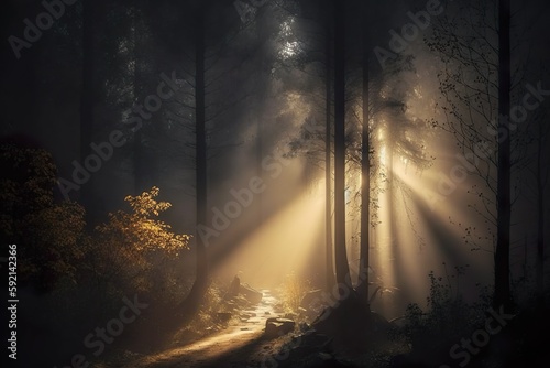 Mystic forest with warm sun rays in the morning light. Generative AI