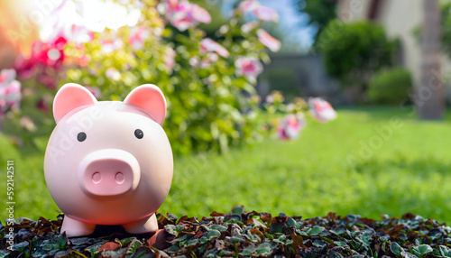 A piggy bank in the garden. The image represents sustainability and money saving or inflation. Space for text. Copy text. Blank space. Banner / Header.