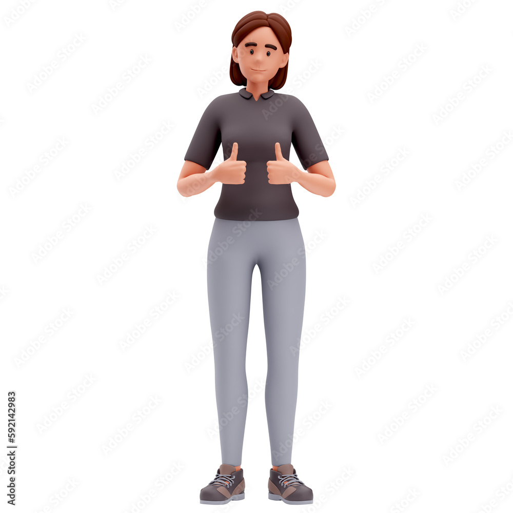3d Illustration of Cartoon Girl Make Thumbs Up Hand Gesture with Both Hand