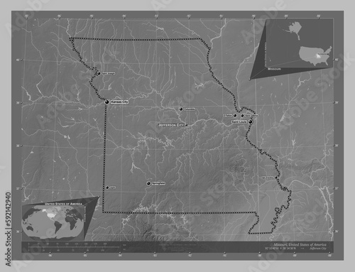 Missouri, United States of America. Grayscale. Labelled points of cities photo