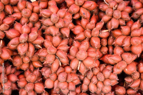 Close-up red salacca wallichiana fruit group for sale in a market. Top view.