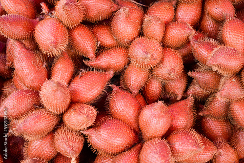 Close-up red salacca wallichiana fruit group for sale in a market. Top view.