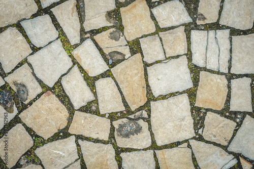 A road paved with stones, a green grass between stones on the sidewalk