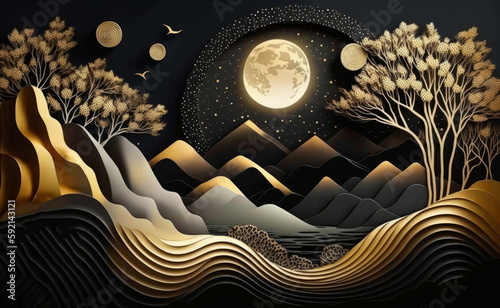 Golden tree and mountains, golden moon. dark landscape background and clouds and colorful mountains in interior design with a coffee table and an armchair. generative ai 