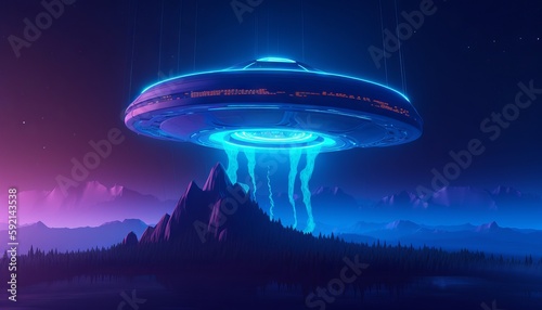 image of an illuminated UFO spaceship emerging from a portal in the sky, as a blue light envelops the surrounding area. Generative ai