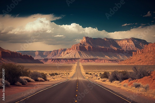 Highway in the desert. Red mountains and beautiful cloudy sky. AI generated
