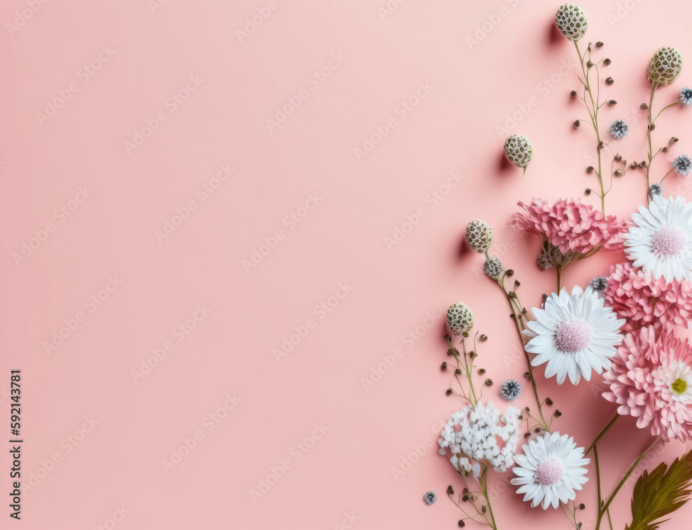 Spring flowers on pink background top view in flat lay style. Greeting for Womens or Mothers Day or Spring Sale Banner. Generative Ai