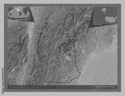 New Hampshire, United States of America. Grayscale. Labelled points of cities photo