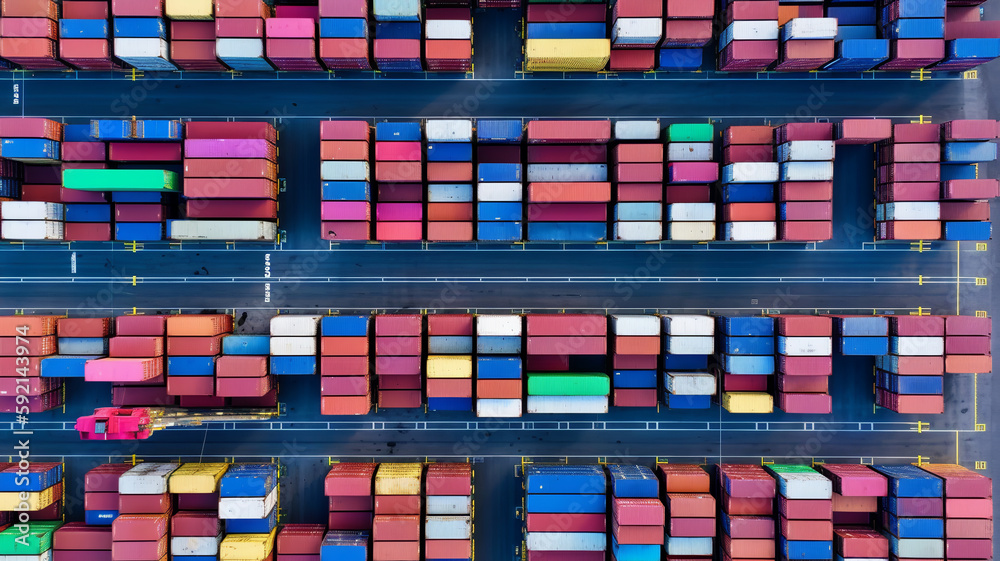 Obraz premium stacked freight shipping containers, cargo port, cargo terminal, shipping terminal, aerial view - Generative AI