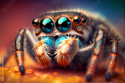 Illustration of extreme close up shot of Jumping Spider, AI Generated image.
