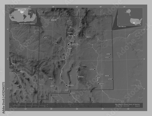 New Mexico, United States of America. Grayscale. Labelled points of cities photo