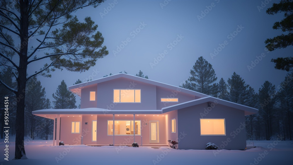 Beautiful Winter house with woods in snow at night AI Generative Beautiful Winter house with woods in snow at night AI Generative