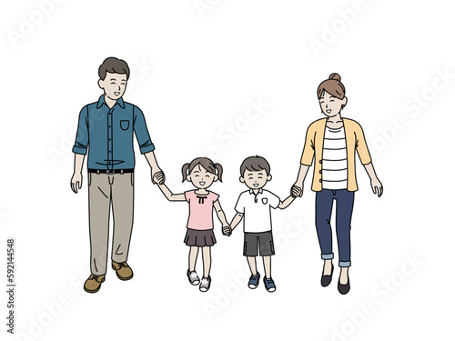 手をつないで歩く親子、家族のイラスト