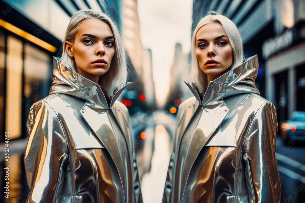 twin women posing on the street with modern gloss outfit twin women posing on the street with modern gloss outfit