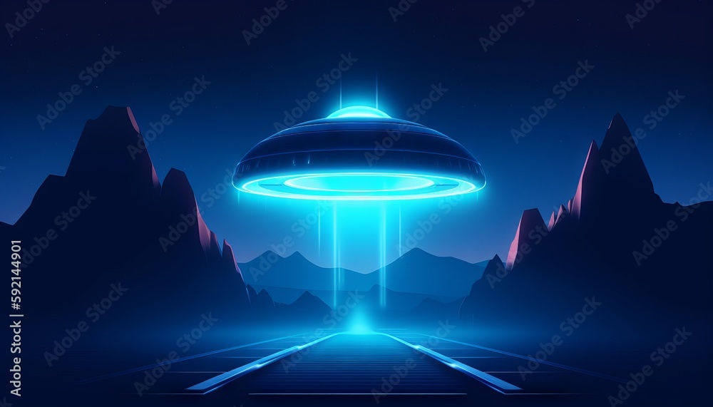 image of an illuminated UFO spaceship emerging from a portal in the sky, as a blue light envelops the surrounding area. Generative ai image of an illuminated UFO spaceship emerging from a portal in the sky, as a blue light envelops the surrounding area. Generative ai