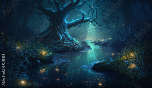 Fantasy Forest, Mystical Wood at night with beautiful fireflies and fairy dust, river at night illustration created with AI Generative Tool.