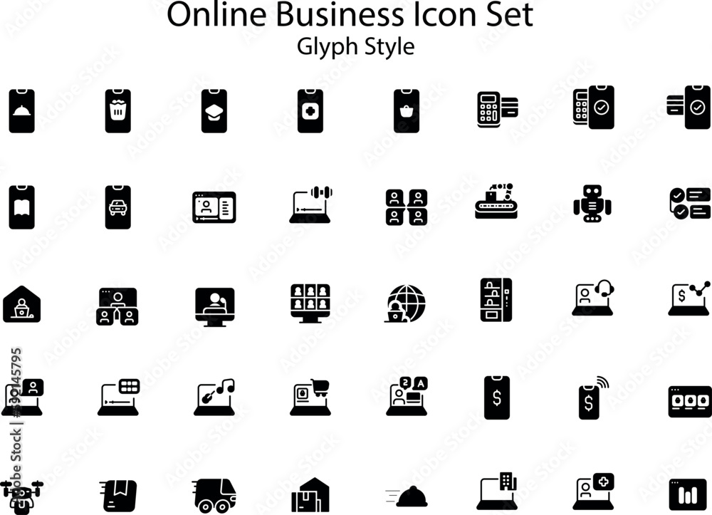 The Online Business icon set includes a variety of symbols that represent the features of an online business such as shopping cart, payment, delivery, product, and more The Online Business icon set includes a variety of symbols that represent the features of an online business such as shopping cart, payment, delivery, product, and more