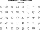 The network and communication icon set features a comprehensive collection of icons related to various aspects of networking, communication, and information technology