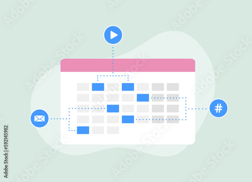 Media Planning concept. Effective entrepreneurship with strategic calendar schedule for advertising marketing campaigns. Includes e-mail newsletter, posting viral video ads, social media promotion