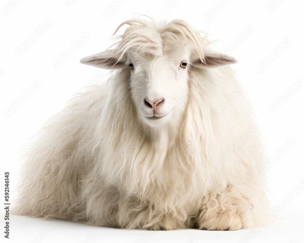 Fototapeta premium photo of Angora goat isolated on white background. Generative AI