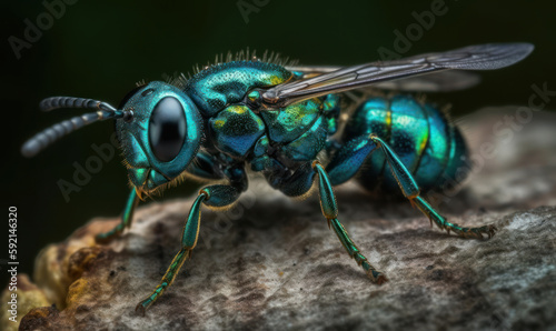macro photo of Cuckoo Wasp in its natural habitat outdoors. close up photography. Generative AI