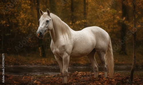 photo of Albino horse in its natural habitat outdoors. Generative AI © Bartek