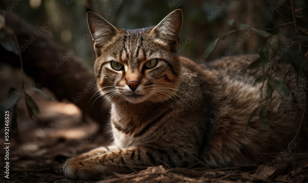 photo of African wildcat in its natural habitat outdoors. Generative AI photo of African wildcat in its natural habitat outdoors. Generative AI