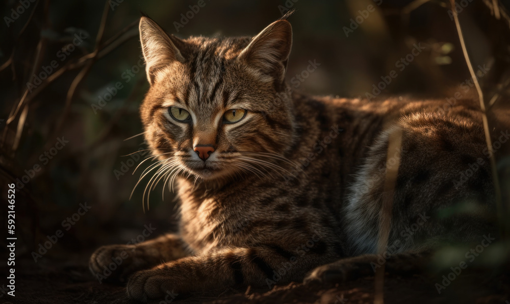 photo of African wildcat in its natural habitat outdoors. Generative AI photo of African wildcat in its natural habitat outdoors. Generative AI