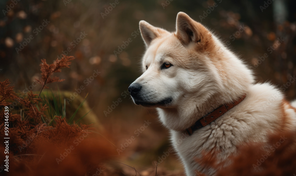 photo of Akita dog outdoors in the forest. Generative AI